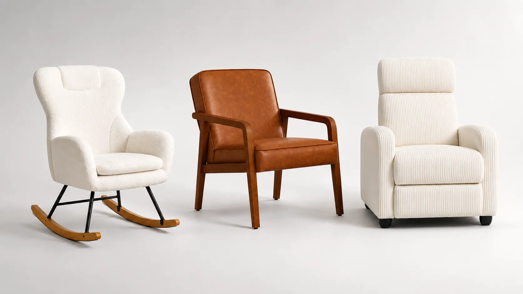 A dark brown faux leather recliner chair with a high backrest, shown from the front against a solid cream-colored background.