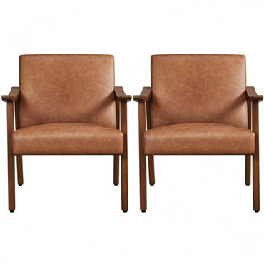 Mid-Century Modern Faux Leather Armchairs with Solid Wood Frame Accent Chair
