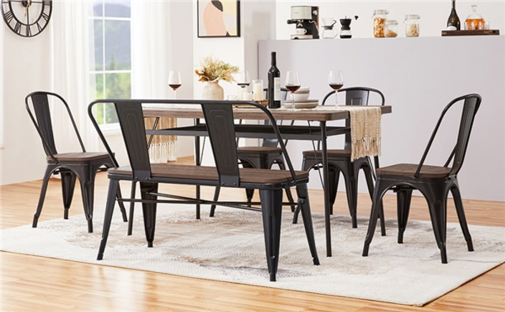Industrial Metal Dining Bench with Wooden Top for Patio Kitchen