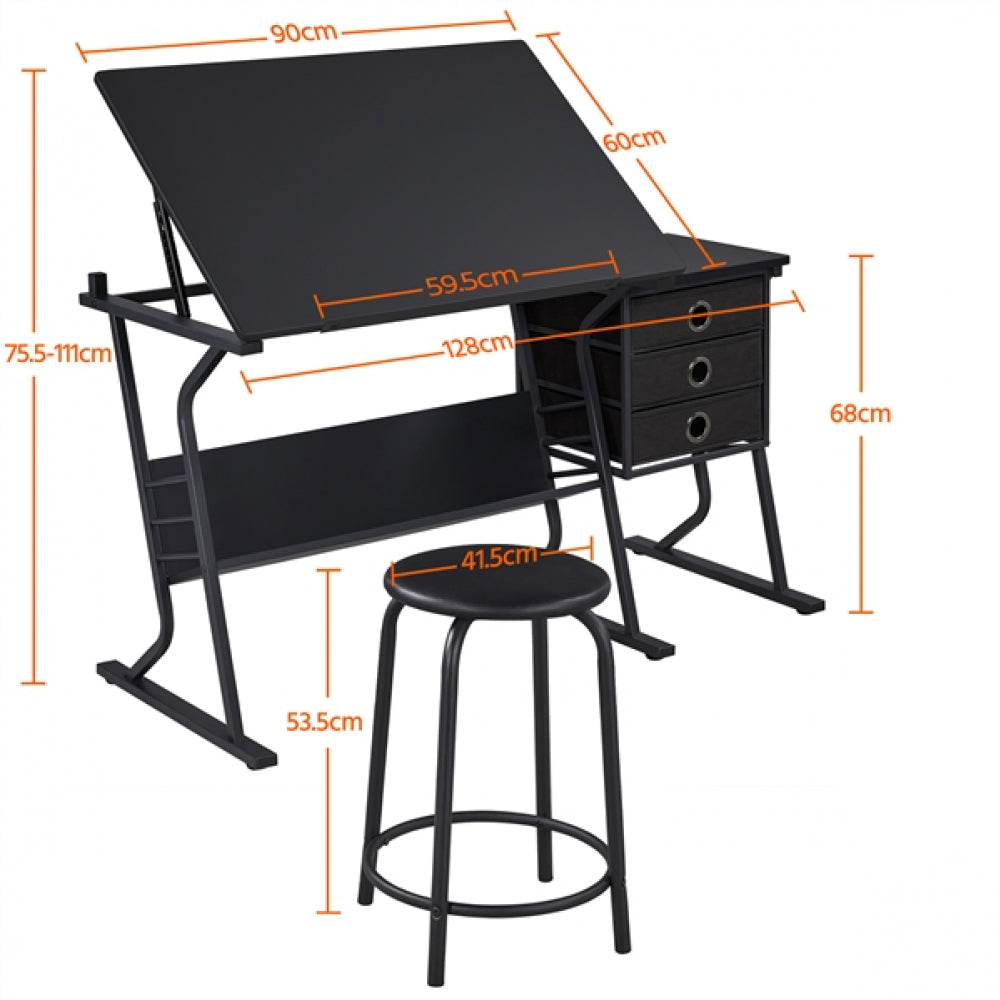 Drafting Table & Stool Set For Artists Tilting Tabletop with Additional Side Countertop
