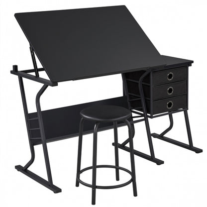 Drafting Table & Stool Set For Artists Tilting Tabletop with Additional Side Countertop