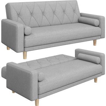 Button-tufted Fabric 3-Seater Sofa Bed W/ 2 Bolster Pillows