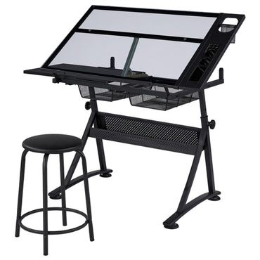 Height Adjustable Glass Drafting Table & Stool Set Art Table