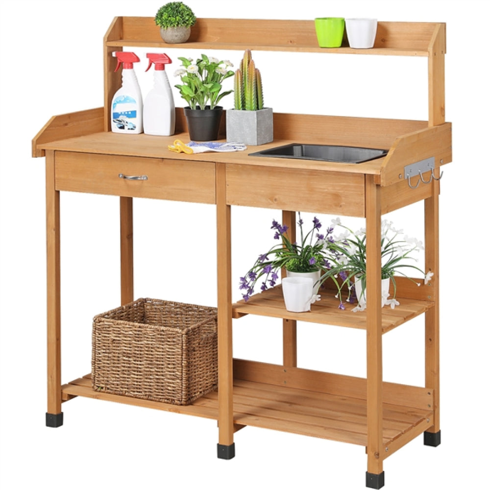Potting Bench Table Removable Sink Firwood Drawer Open Multiple Shelves