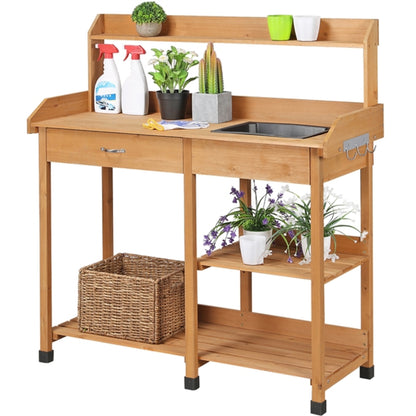 Potting Bench Table Removable Sink Firwood Drawer Open Multiple Shelves