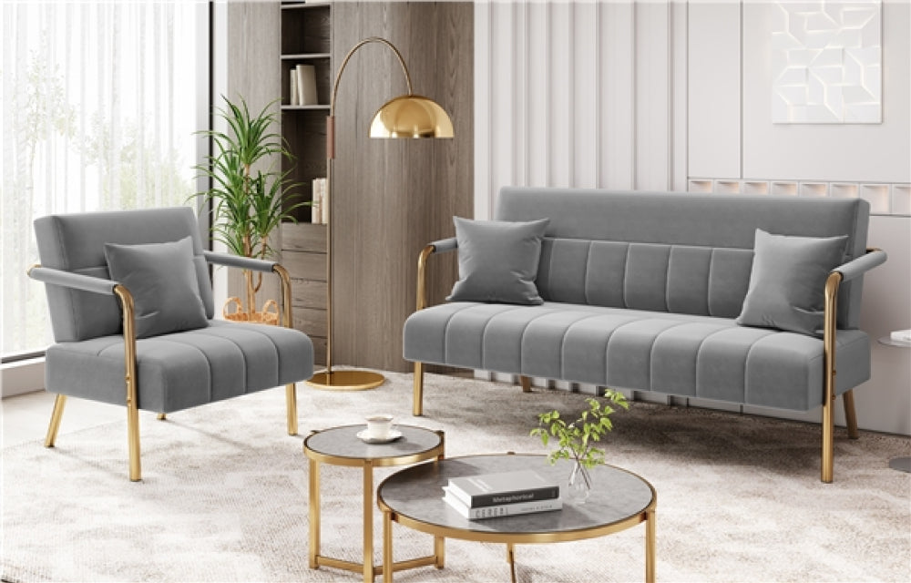 Velvet Upholstered Sofa Couch + Accent Armchair Lounge Chair