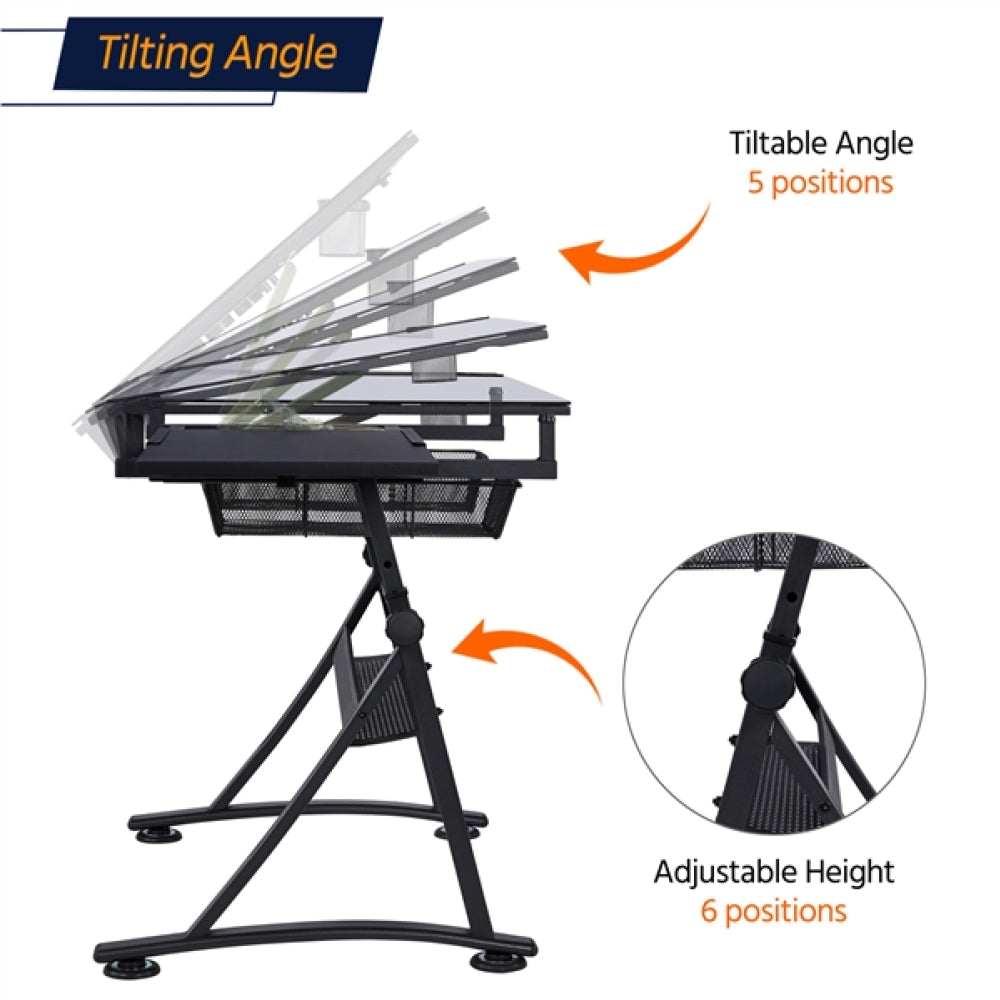 Height Adjustable Glass Drafting Table & Stool Set Art Table