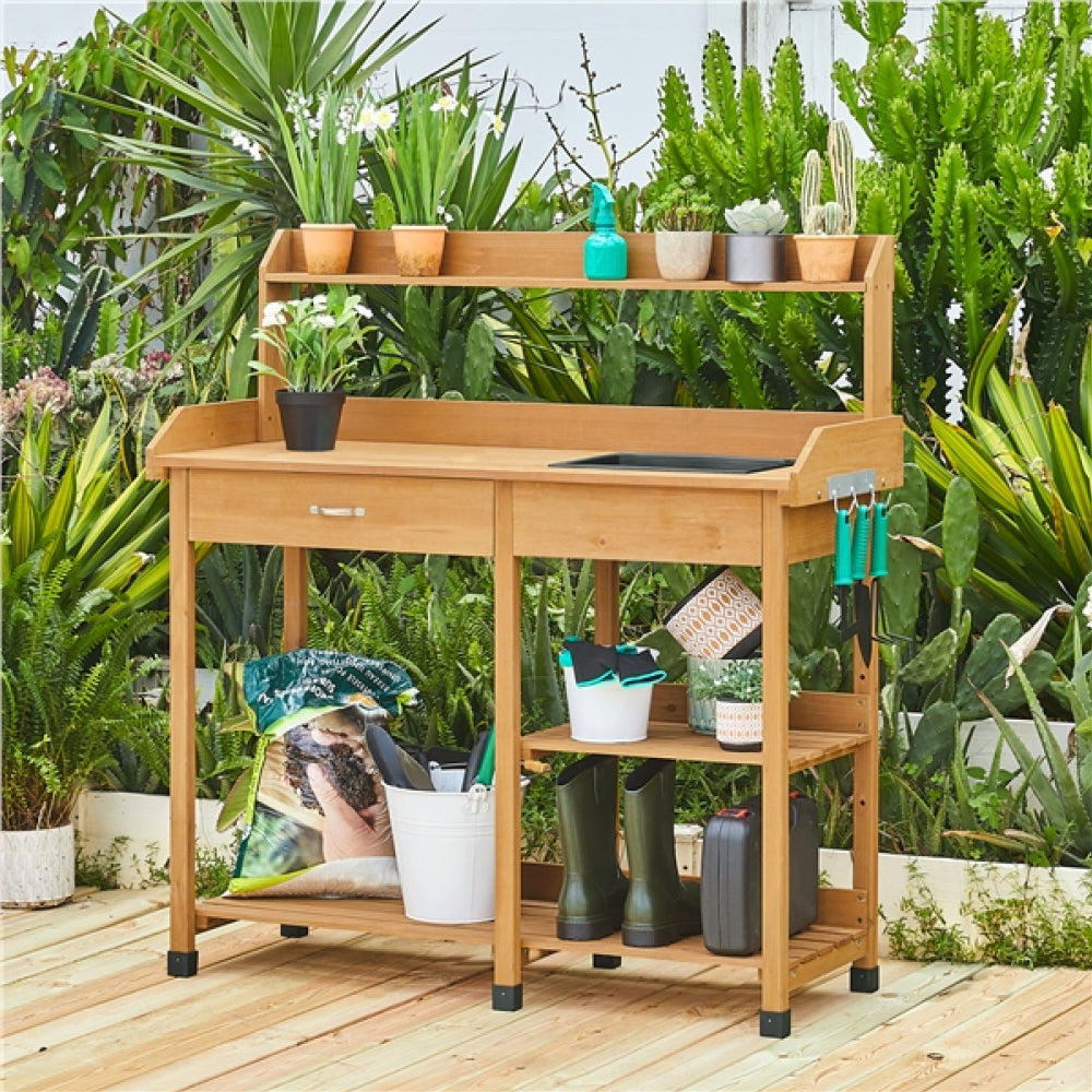 Potting Bench Table Removable Sink Firwood Drawer Open Multiple Shelves