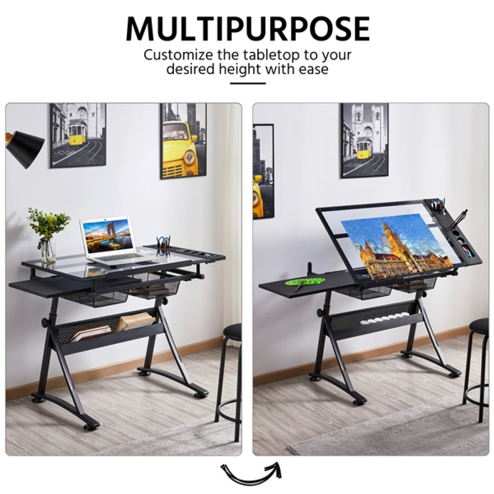 Height Adjustable Glass Drafting Table & Stool Set Art Table