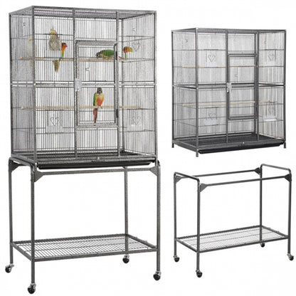 63’’H Large Parrot Cage w/ Stand Rolling Metal Pet Cage
