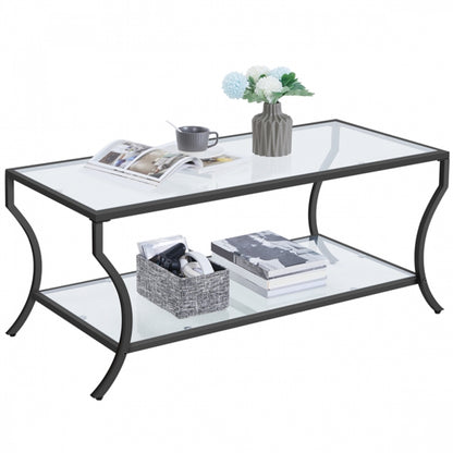 2-tier Rectangular Iron Framed Tempered Glass Coffee Table