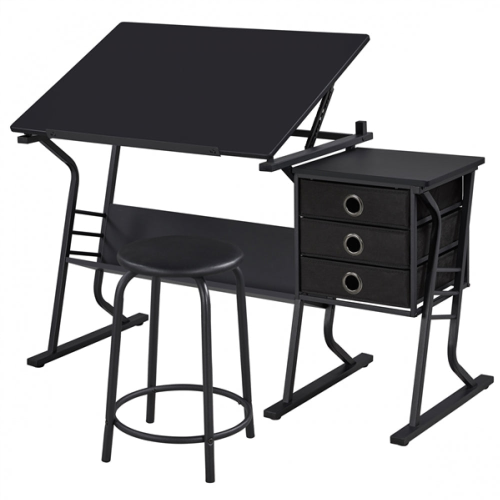 Drafting Table & Stool Set For Artists Tilting Tabletop with Additional Side Countertop