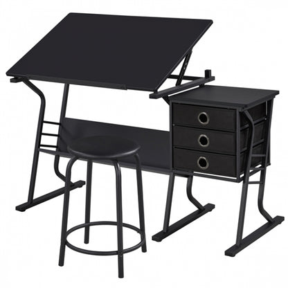 Drafting Table & Stool Set For Artists Tilting Tabletop with Additional Side Countertop