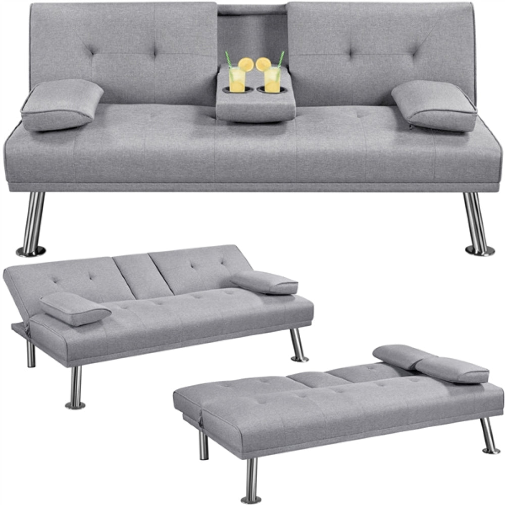 Fabric Upholstered Convertible Futon Sofa Bed With Cushions