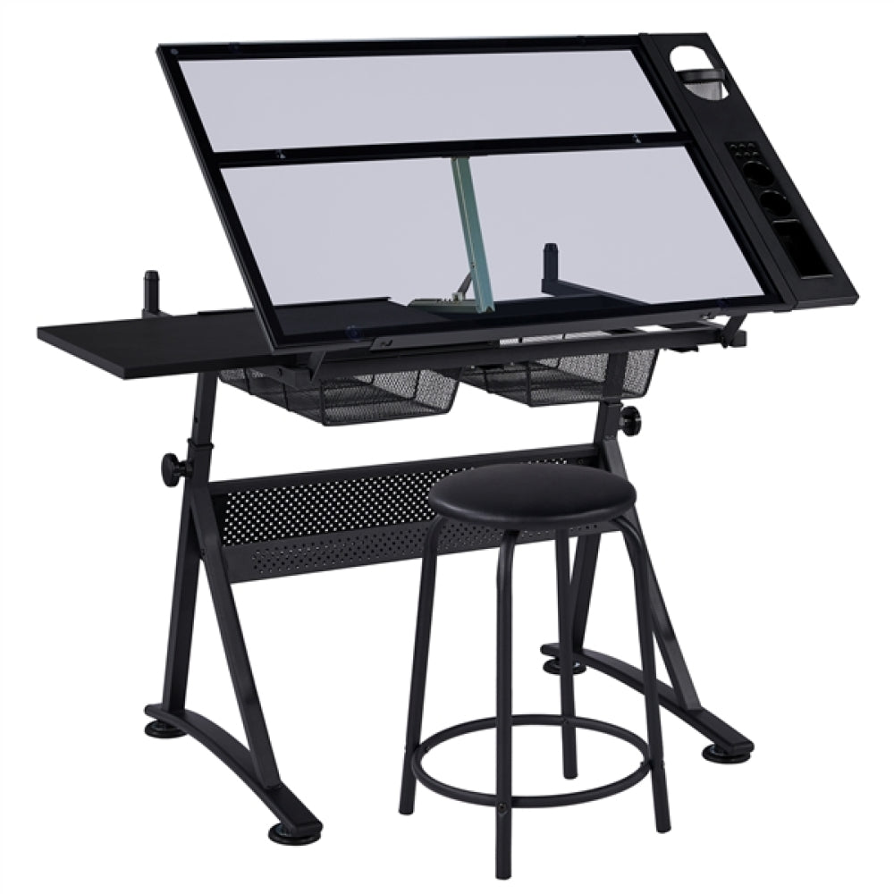 Height Adjustable Glass Drafting Table & Stool Set Art Table