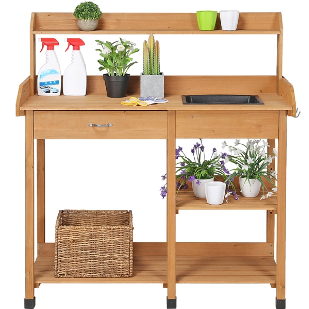 Potting Bench Table Removable Sink Firwood Drawer Open Multiple Shelves