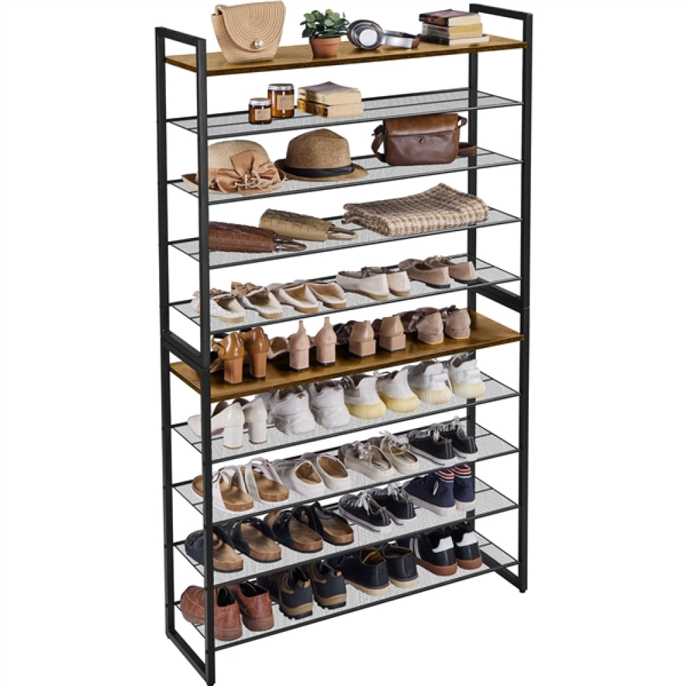 10-Tier Iron Shoe Rack Organizer Large 50-Pair Capacity Open Shoe Tower