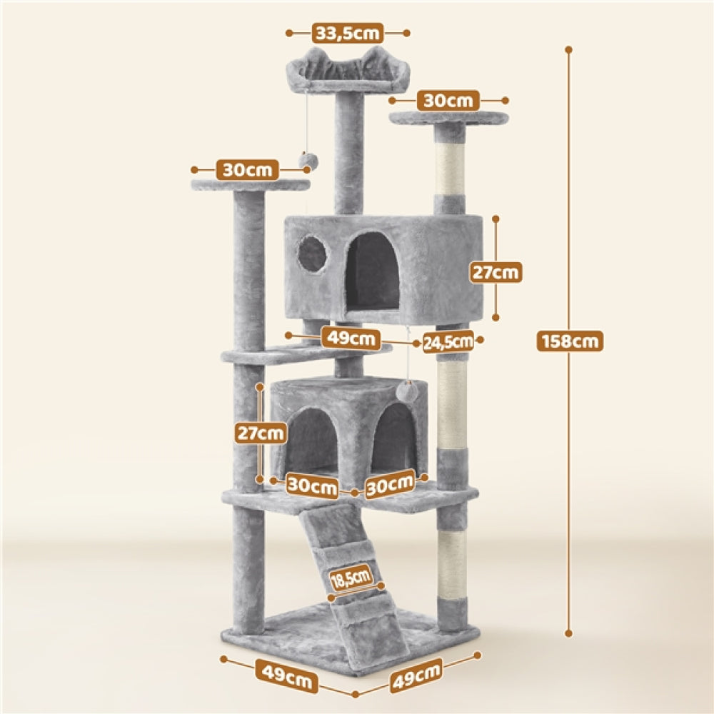 Cat Tree Condo Kitten Tree Tower w/ 2 Condos & 2 Dangling Balls & 3 Scratching Posts