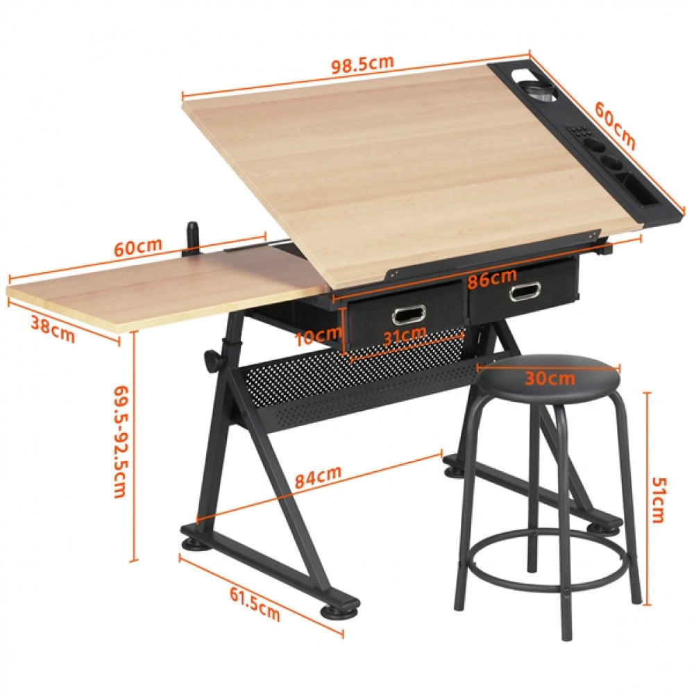 Drafting Table & Stool Set with Adjustable Table Angles & Heights All-in-One