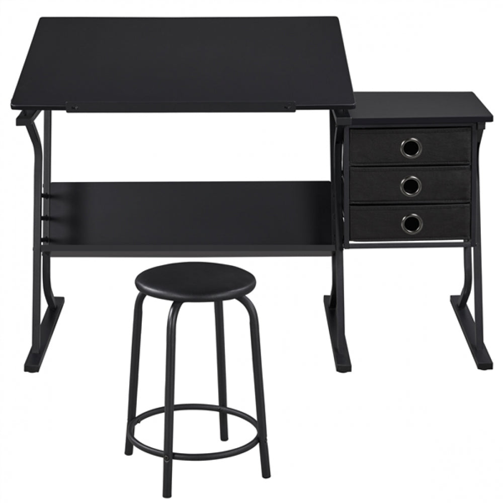 Drafting Table & Stool Set For Artists Tilting Tabletop with Additional Side Countertop
