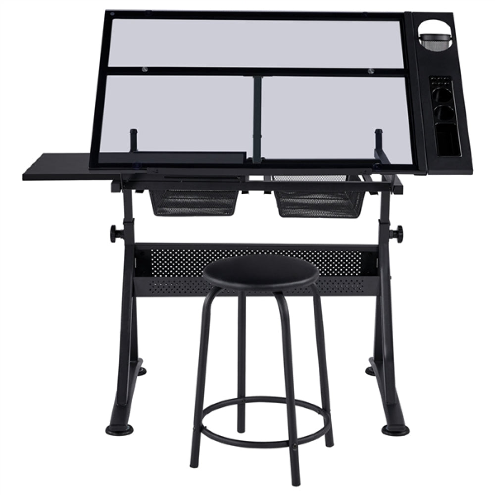 Height Adjustable Glass Drafting Table & Stool Set Art Table