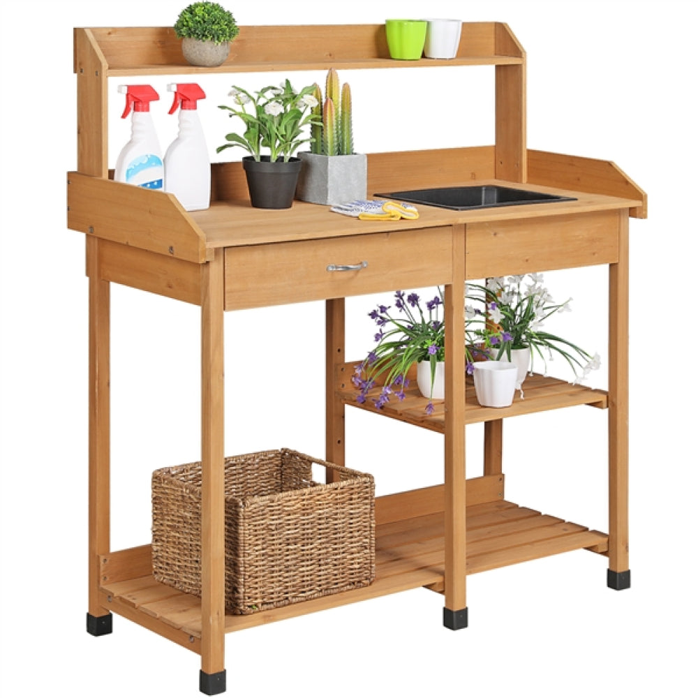 Potting Bench Table Removable Sink Firwood Drawer Open Multiple Shelves