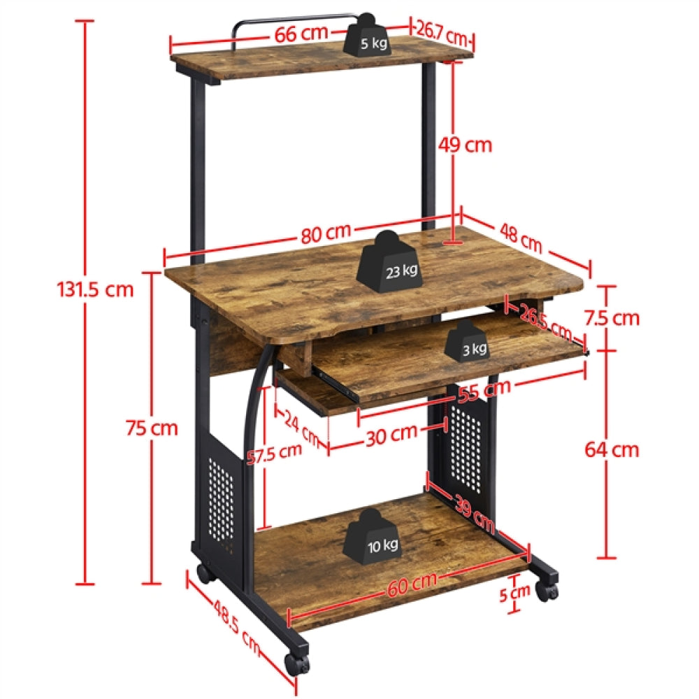 3-Tier Rolling Computer Desk  Study Table with Printer Shelf