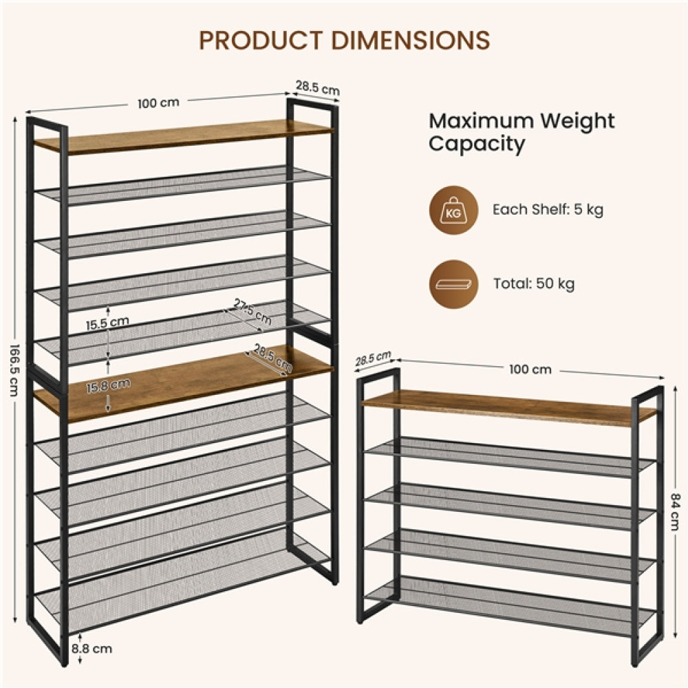 10-Tier Iron Shoe Rack Organizer Large 50-Pair Capacity Open Shoe Tower