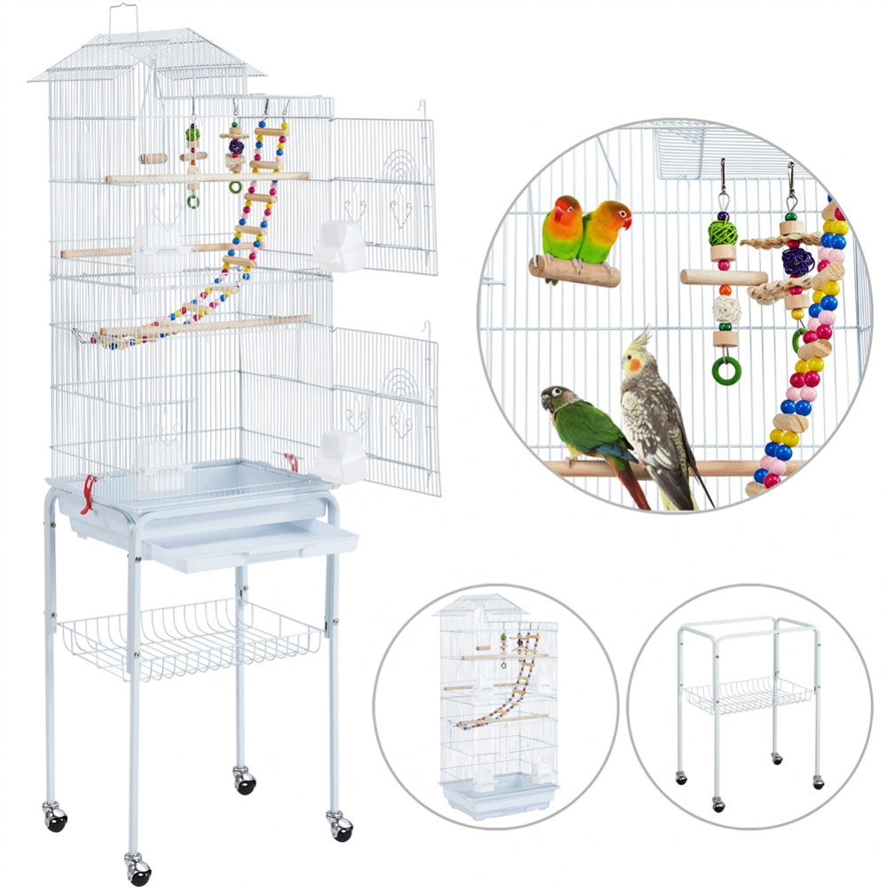 Rolling Metal Bird Cage with Detachable Stand Toys Included
