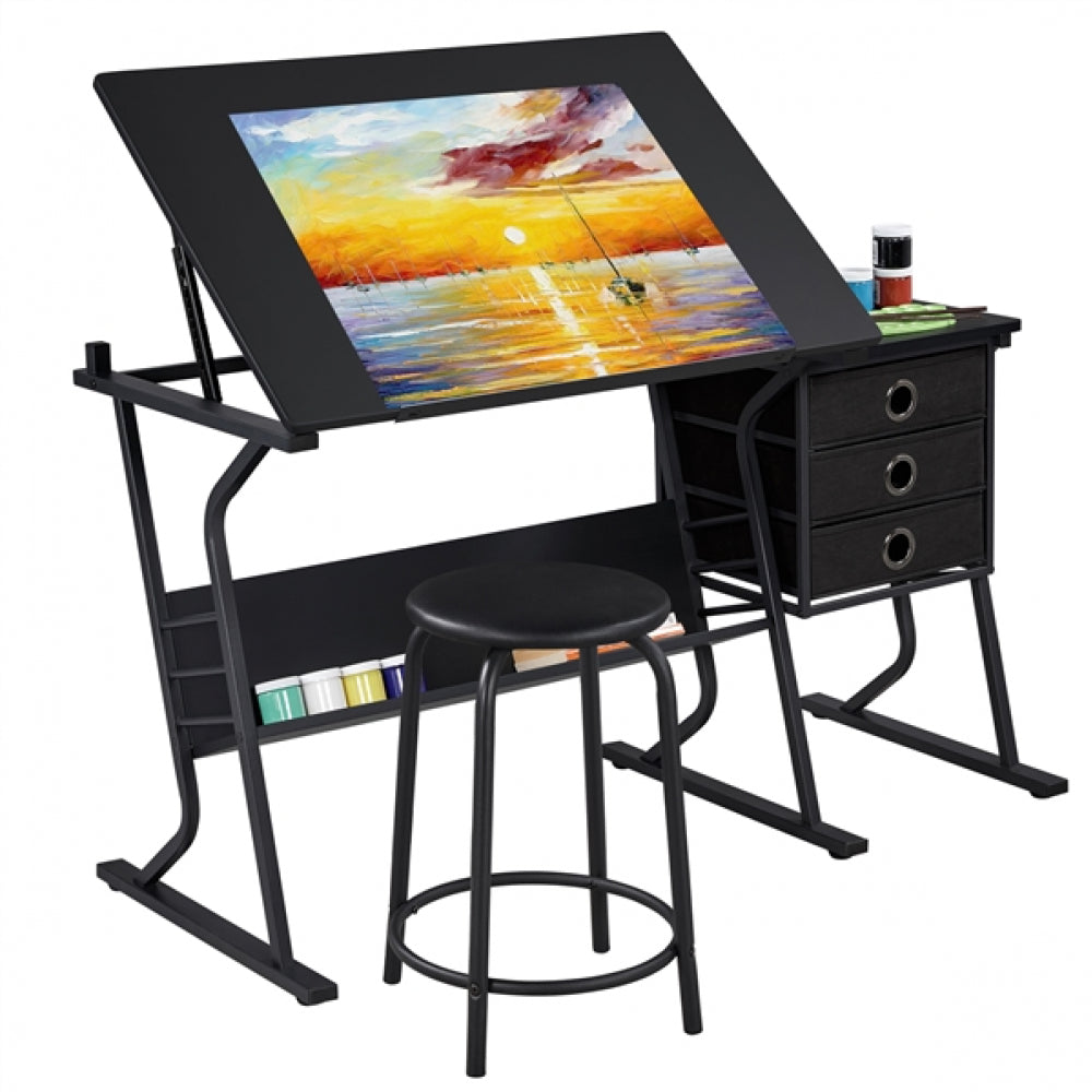 Drafting Table & Stool Set For Artists Tilting Tabletop with Additional Side Countertop