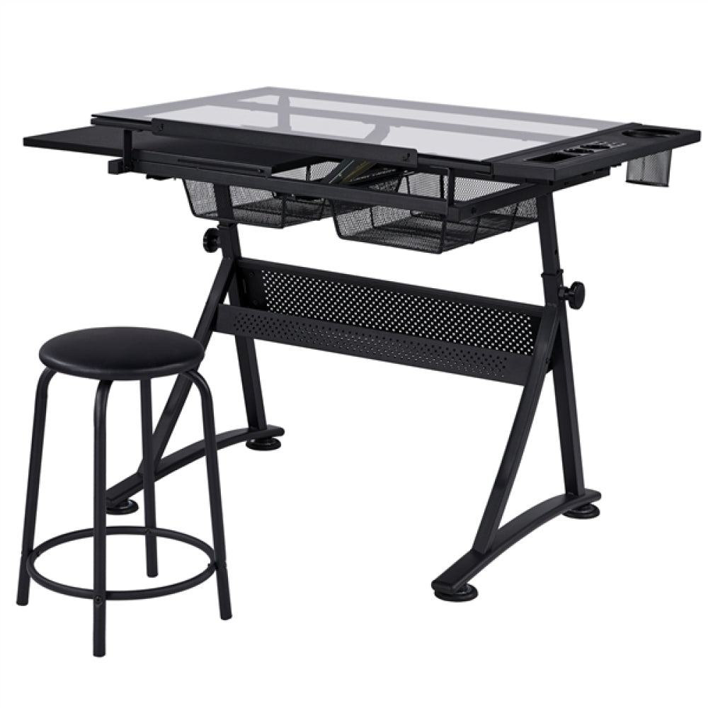 Height Adjustable Glass Drafting Table & Stool Set Art Table
