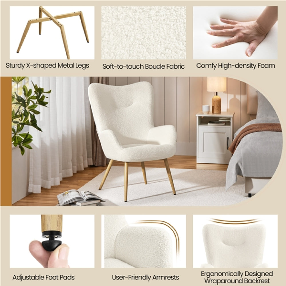 Boucle Fabric Armchair Accent Chair with Wood-tone Metal Legs