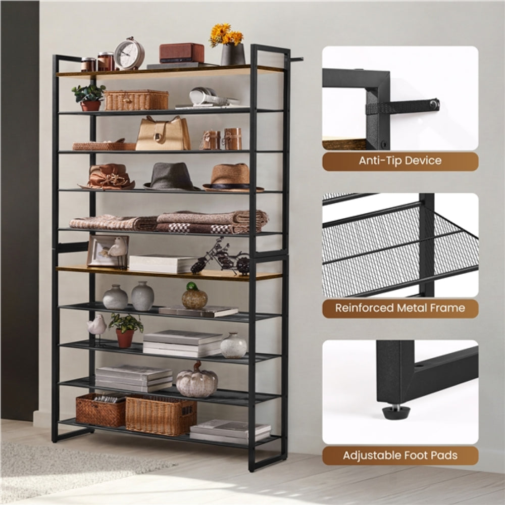 10-Tier Iron Shoe Rack Organizer Large 50-Pair Capacity Open Shoe Tower