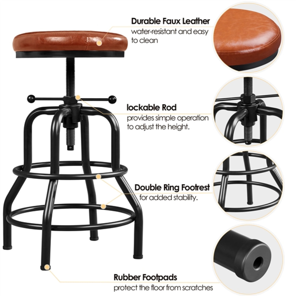 Vintage Industrial Bar Stool Rustic Swivel Bar Stool Round Faux Leather Metal Stool