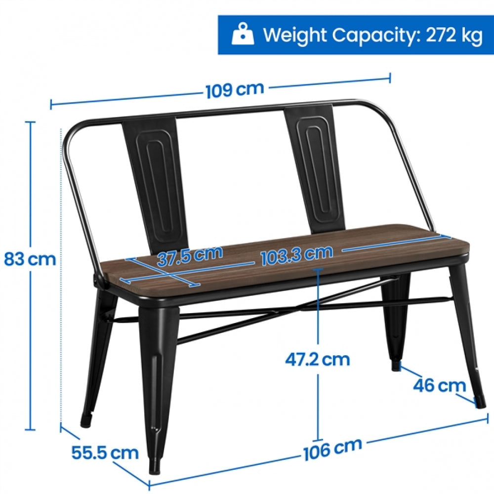 Industrial Metal Dining Bench with Wooden Top for Patio Kitchen