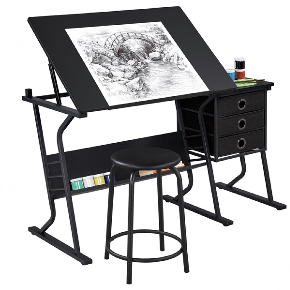 Drafting Table & Stool Set For Artists Tilting Tabletop with Additional Side Countertop