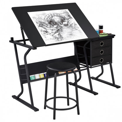Drafting Table & Stool Set For Artists Tilting Tabletop with Additional Side Countertop