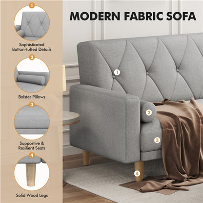 Button-tufted Fabric 3-Seater Sofa Bed W/ 2 Bolster Pillows