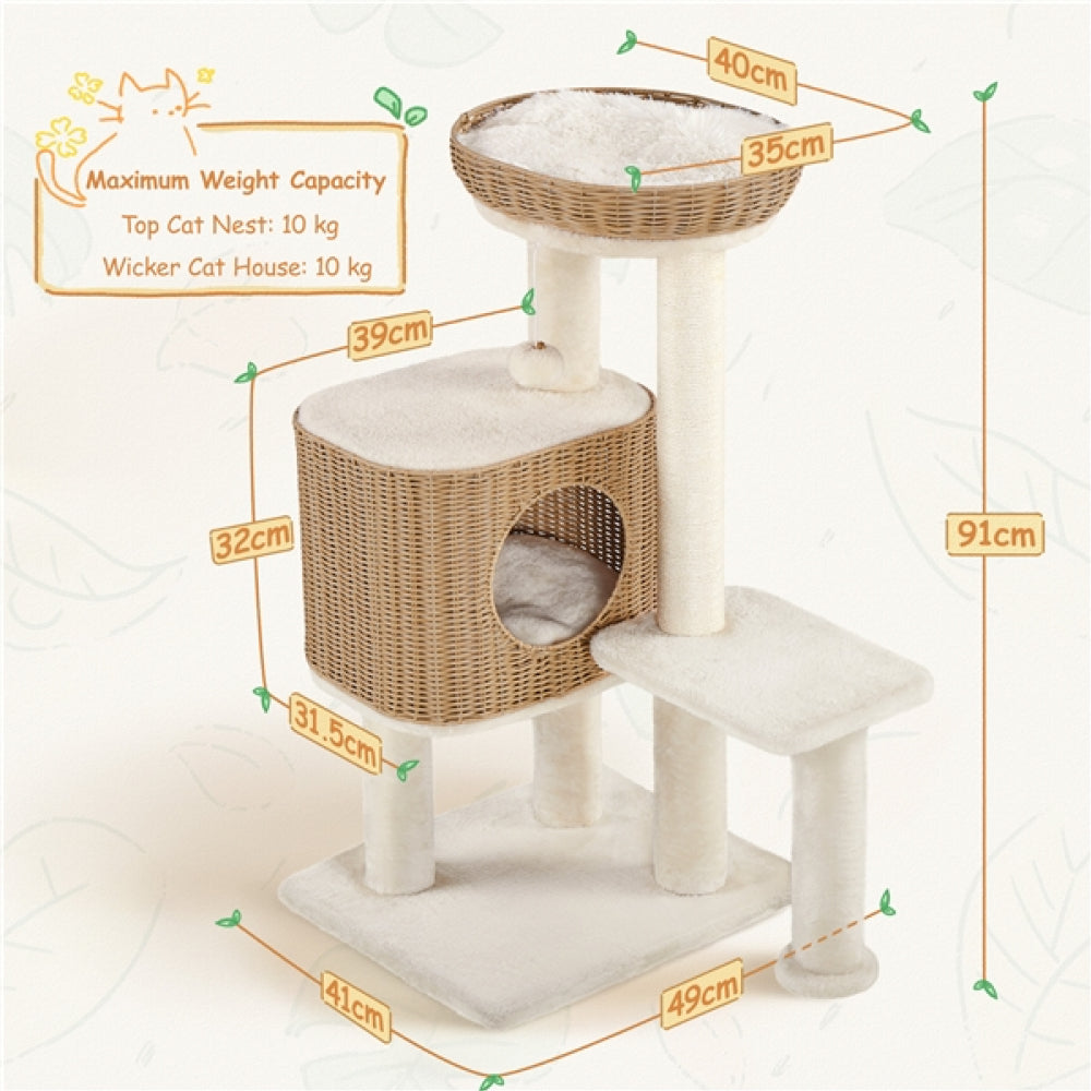 36″ Tall Rattan Cat Tree Cat House Cat Tower
