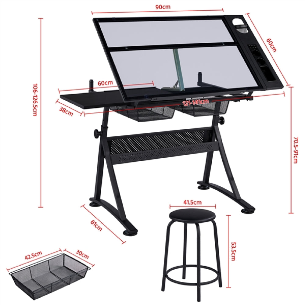 Height Adjustable Glass Drafting Table & Stool Set Art Table