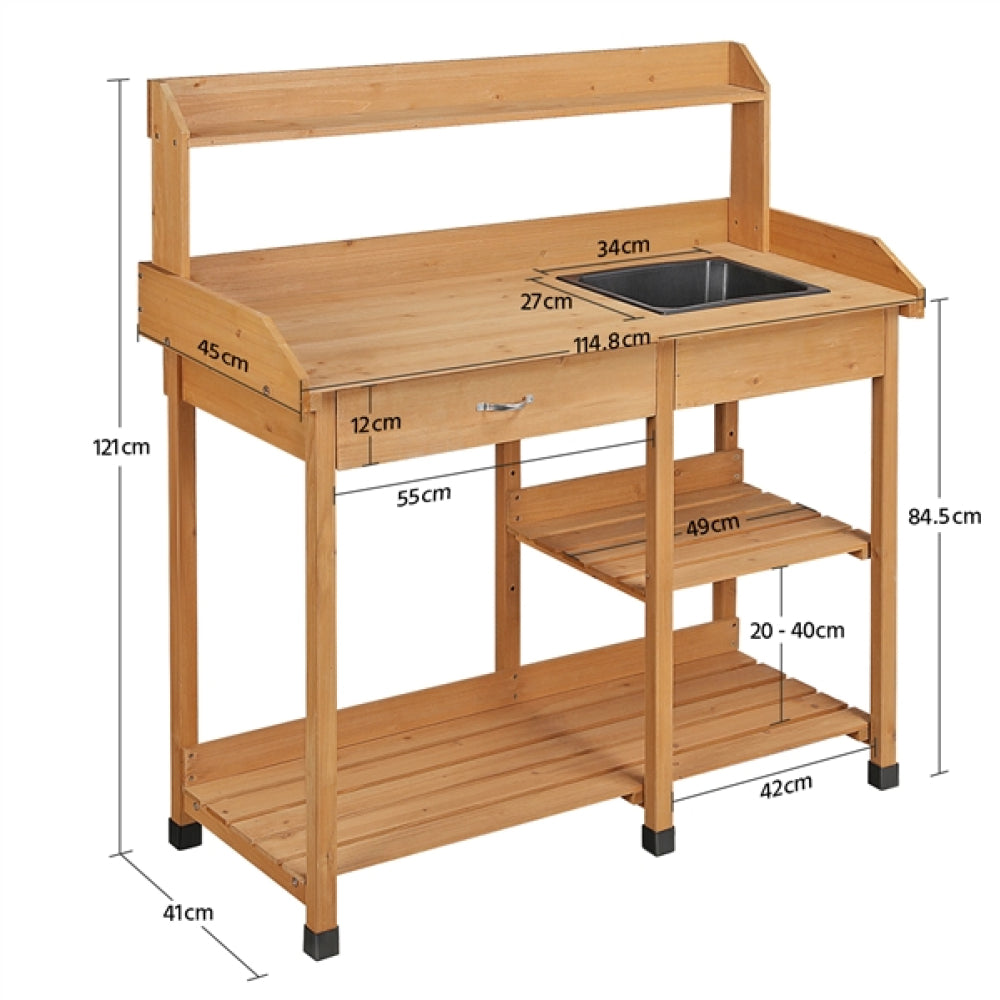 Potting Bench Table Removable Sink Firwood Drawer Open Multiple Shelves