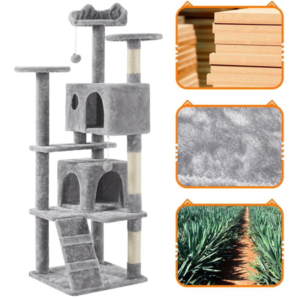 Cat Tree Condo Kitten Tree Tower w/ 2 Condos & 2 Dangling Balls & 3 Scratching Posts