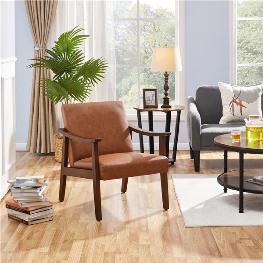 Mid-Century Modern Faux Leather Armchairs with Solid Wood Frame Accent Chair