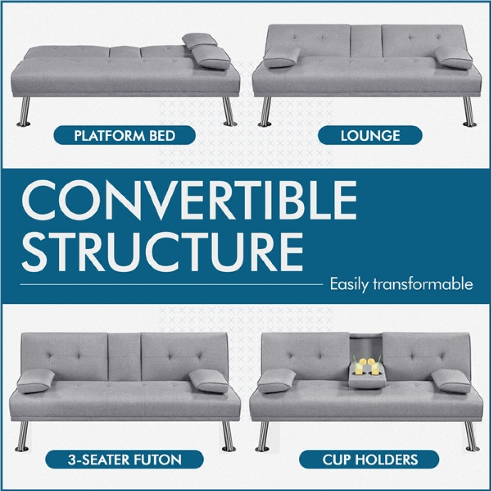 Fabric Upholstered Convertible Futon Sofa Bed With Cushions