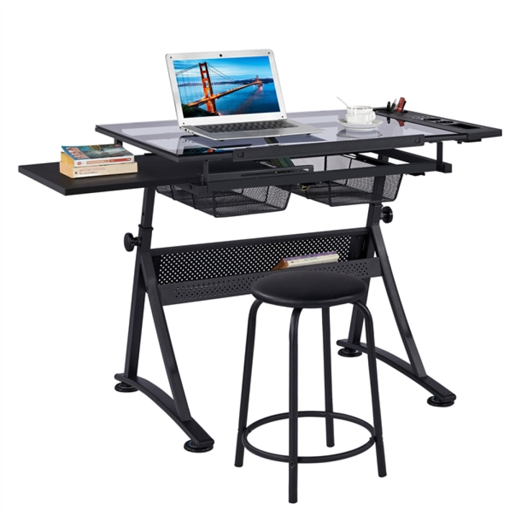 Height Adjustable Glass Drafting Table & Stool Set Art Table