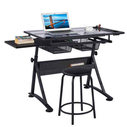 Height Adjustable Glass Drafting Table & Stool Set Art Table