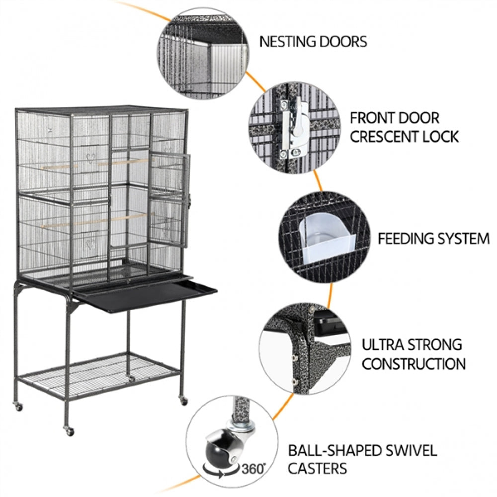 63’’H Large Parrot Cage w/ Stand Rolling Metal Pet Cage