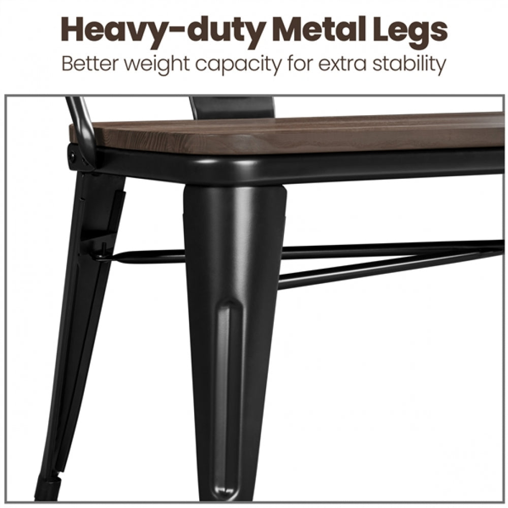 Industrial Metal Dining Bench with Wooden Top for Patio Kitchen