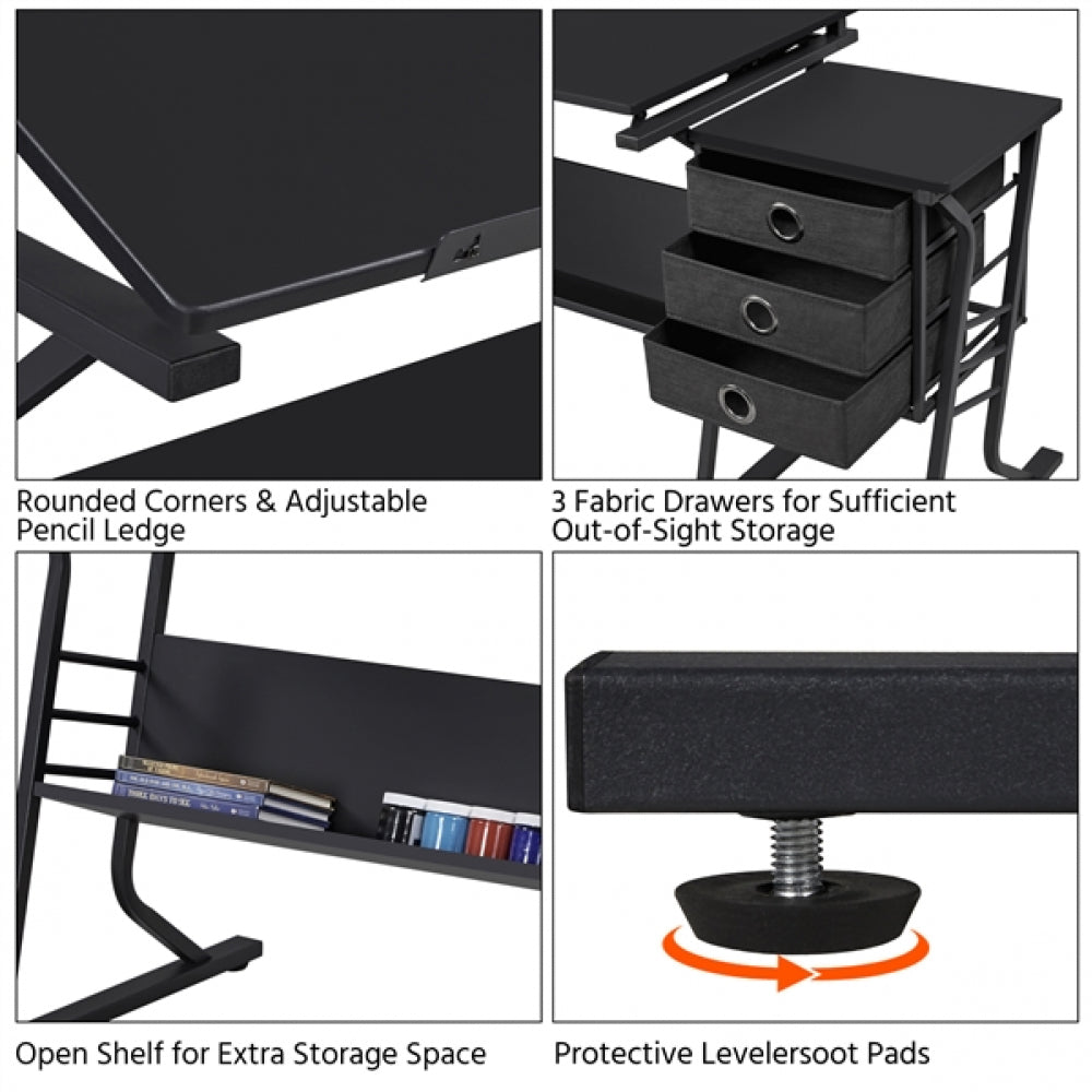 Drafting Table & Stool Set For Artists Tilting Tabletop with Additional Side Countertop