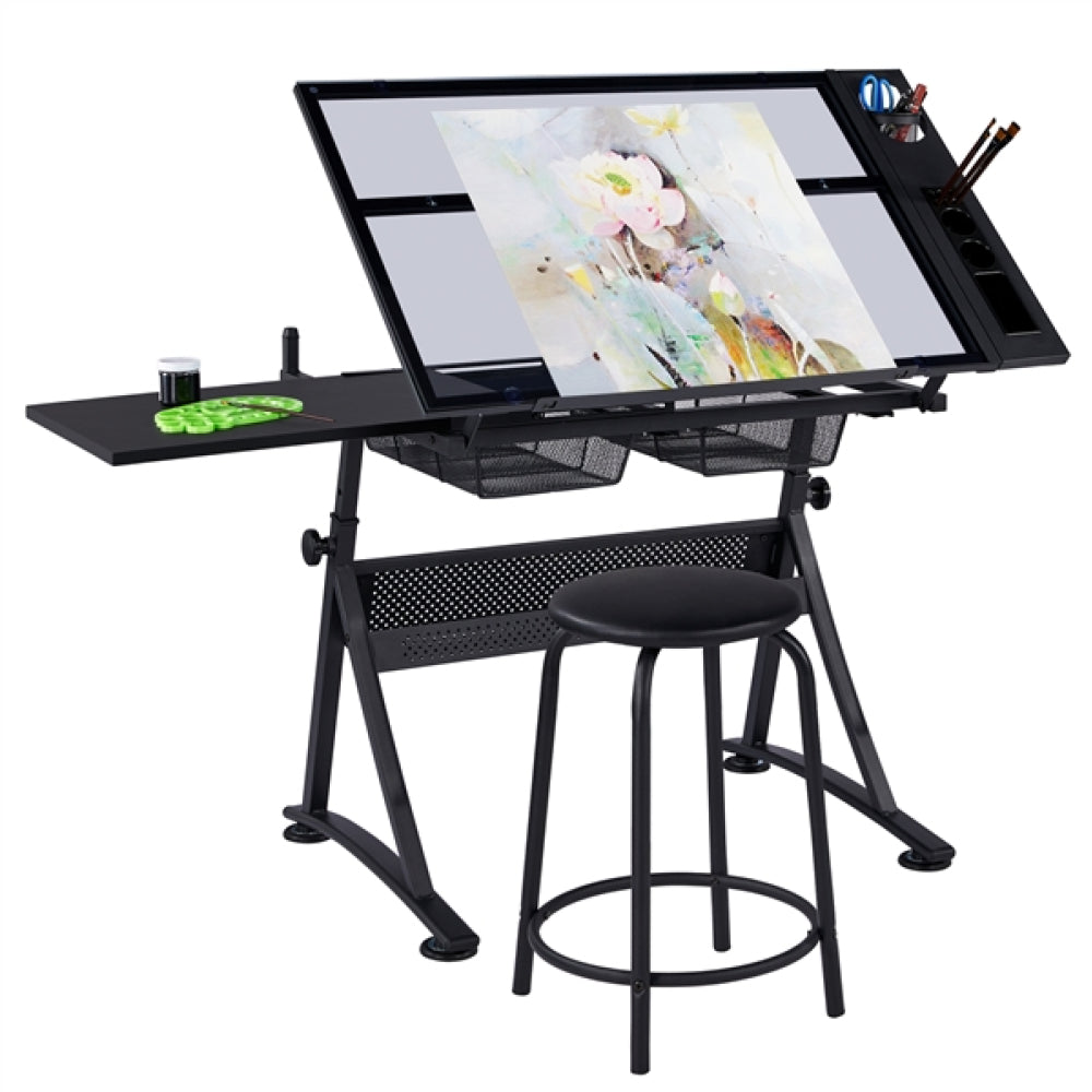Height Adjustable Glass Drafting Table & Stool Set Art Table